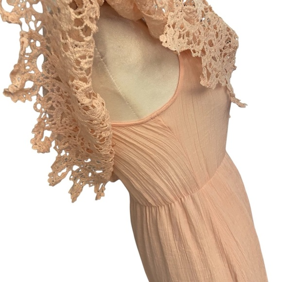 Dress Day Peasant Gauzy Maxi Dress Size S Pink Crochet Neck Boho Hippie 70s Airy - Picture 4 of 8